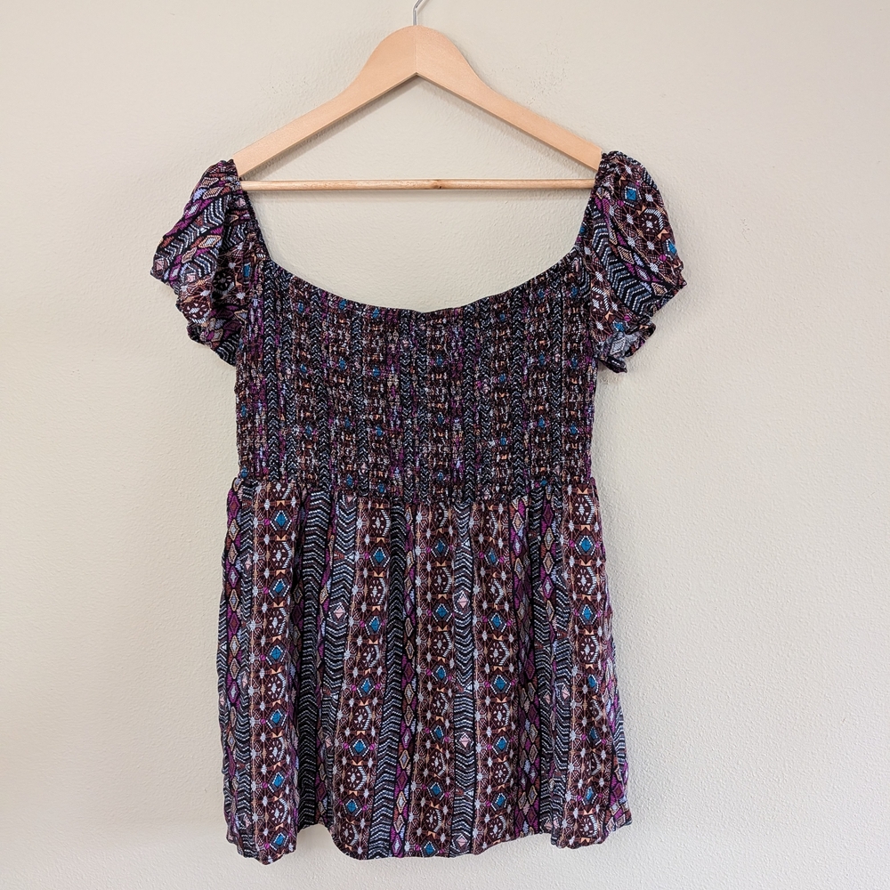 love,‎ fire Smocked Peasant Top Womens XL Boho Off Shoulder Puff Sleeve